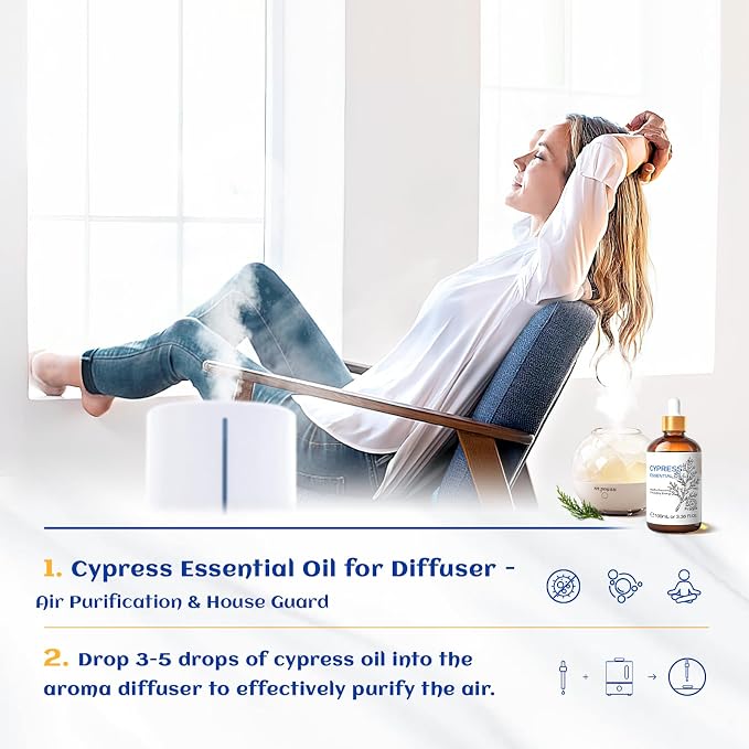 HIQILI Cypress Essential Oil for Diffuser, Humidfier, Skin Care | Aromatherapy, DIY soap and candle, relaxing mood, include 10ml travel bottle - 100ml / 3.38 Fl Oz