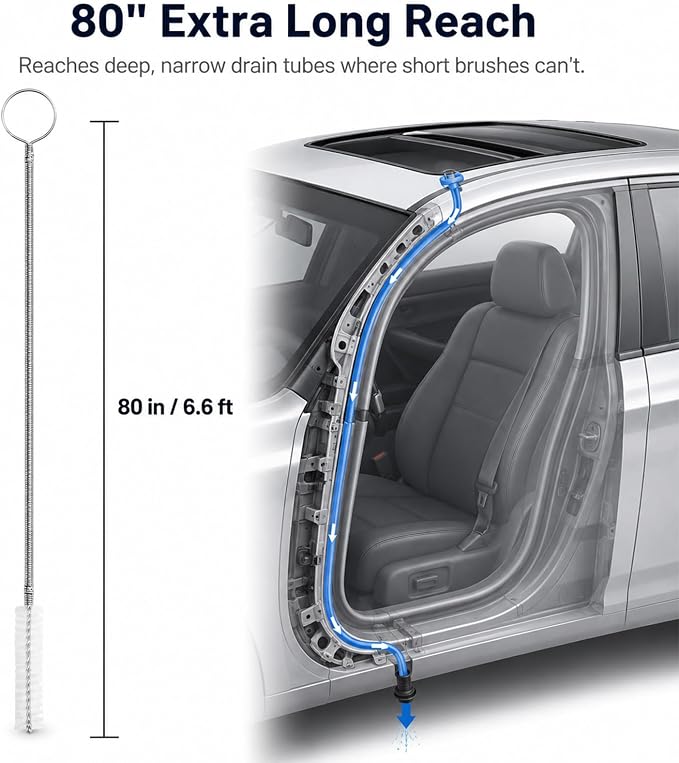 2 Pack 80 Inch Sunroof Drain Cleaning Tool, Flexible Stainless Steel Spring Wire with Soft Nylon Brush Tip for Car Sunroof Tubes, Windshield Holes, Refrigerator and AC Lines