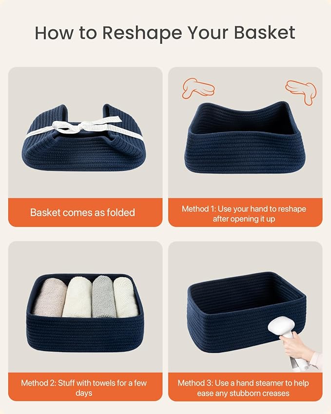 Small Woven Basket, 12 x 8 x 4.5 Inches, Storage Basket for Organizing, Cute Small Rope Shelf Closet Cube Storage Bins Baskets for Shelves, Dog Toy Gift Baskets Empty, 3 Packs, Navy Blue