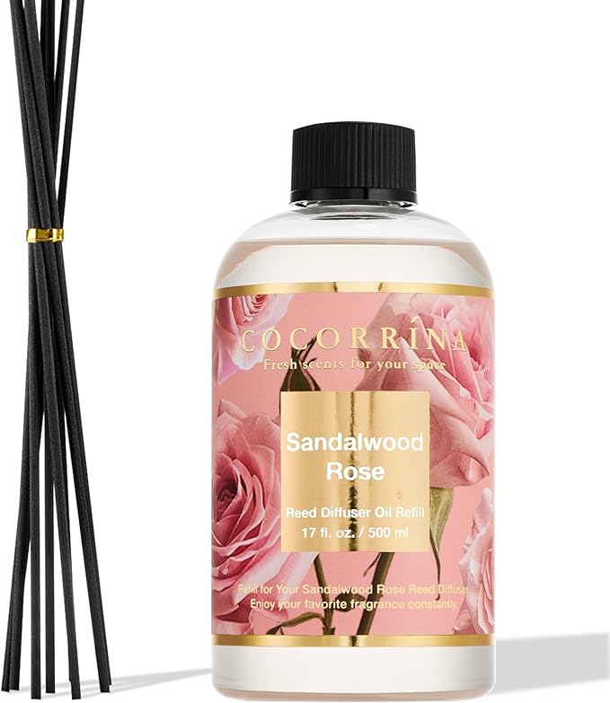 Reed Diffuser Refill Sandalwood Rose 17oz (500ml) with 8 Sticks - Premium Long-Lasting Floral Essential Oil, Home Fragrance for Bedroom, Bathroom Home Decor