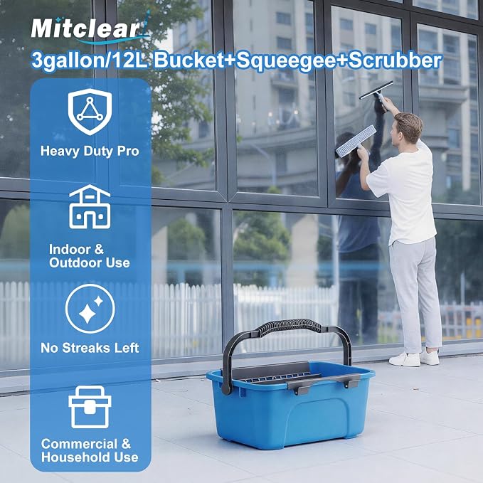 Window Cleaning Kit with Bucket 3 Gallon for Home Outdoor Car | Professional Window Washing Equipment, 14'' Silicone Squeegee, 14'' Microfiber Scrubber, Cloth, Commercial Use