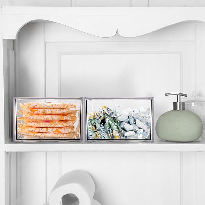 Sumnacon 2 Pack Disposable Face Towel Holder for Bathroom Vanity, Clear Plastic Facial Towels Holder Container with Drawer Storage, Face Towels Case Organizer Compatible with Clean Skin Cluub Towel