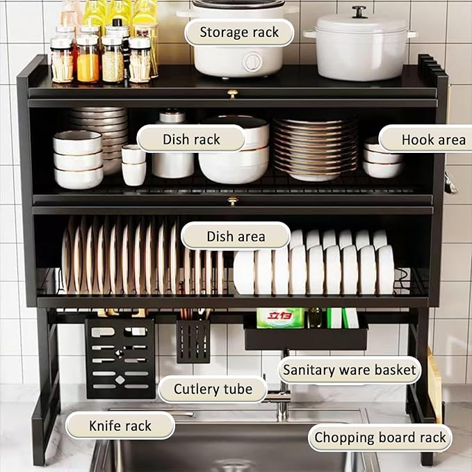Dish Drying Rack 4 Tiers with Cover, Keep Kitchen Sink Shlef Organized Space-Saving, Large Drying Rack for Dishes, Glasses, Bowls, Cutlery white W-29.5in