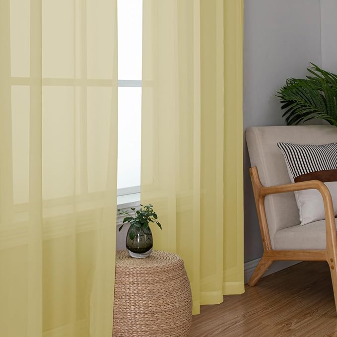 Chyhomenyc Yellow Sheer Curtains 54 Inch Long 2 Panels, Light Filtering Rod Pocket Voile Short Curtains Drapes for Living Room Bedroom Small Windows, 42Wx45L Inches