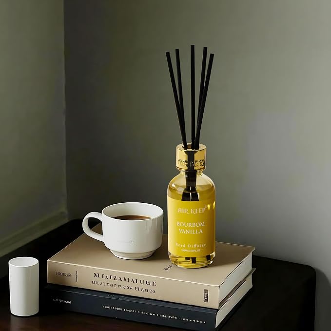 Reed Diffuser Set, 3.38 fl oz (100 ml) - Bourbom Vanilla Oil Diffusers with 8 Reed Sticks, Home Fragrance Reed Diffuser for Bathroom Shelf Decor