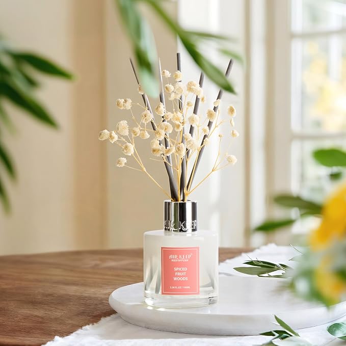 Reed Diffuser Set,3.38 fl oz (100 ml) - Spiced Fruit Woods Oil Diffusers with 8 Reed Sticks, Home Fragrance Reed Diffuser for Bathroom Shelf Decor