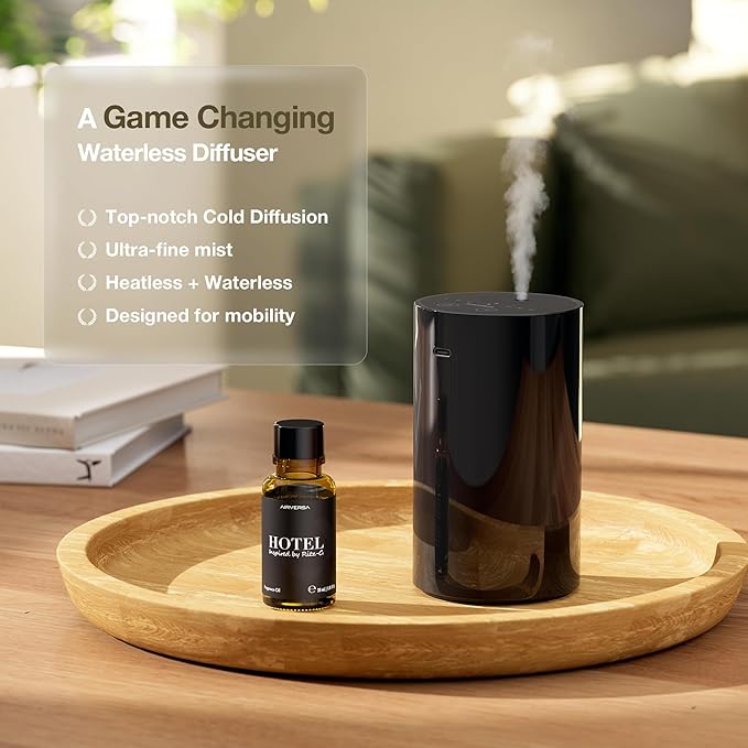 ANZ Waterless Essential Oil Diffuser Starter Kit, Black | 30 mL BGR Hotel Scent Fragrance Oil, Battery Operated, Up to 600 sq ft, Portable for Home Car Office, ANZKit-30-G