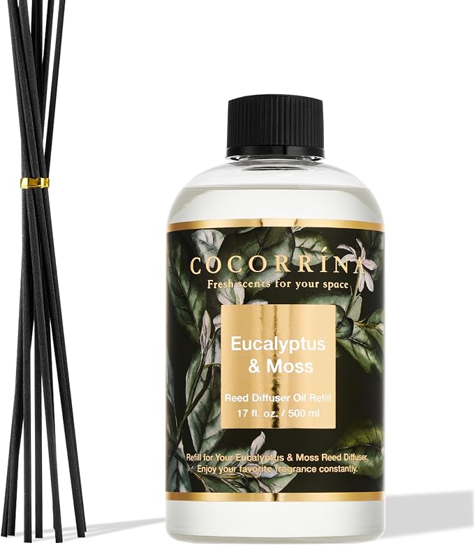 Reed Diffuser Refill Eucalyptus & Moss 17oz (500ml) with 8 Rattan Sticks - Premium Long-Lasting Essential Oil, Home Fragrance for Bedroom, Bathroom Home Decor
