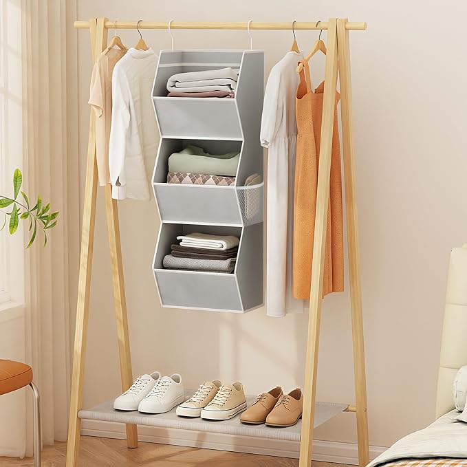 Closet Hanging Organizer with Pockets, 3 Shelf Hanging Clothes Organizers | Kids Closet Organizers and Storage for Clothes Fabric Hanging Storage Bins for Wardrobe Closet Organization and Storage, Grey
