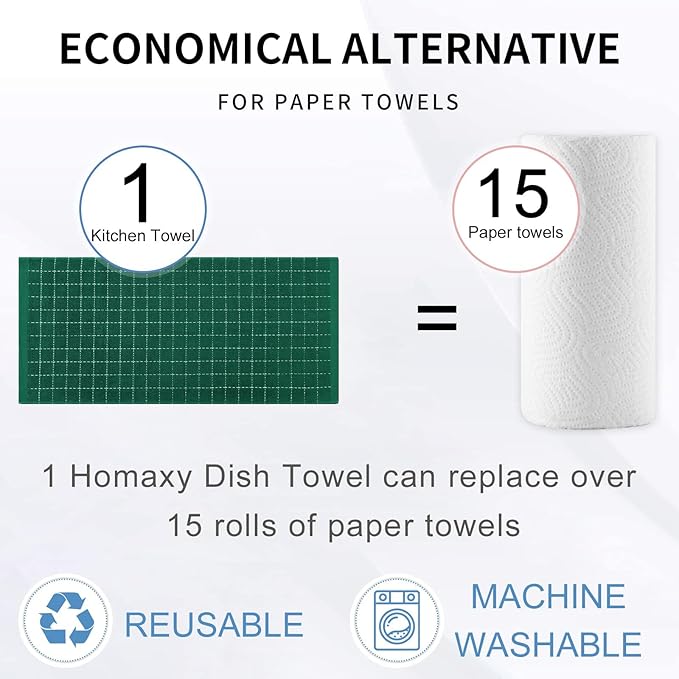 Homaxy 100% Cotton Terry Kitchen Towels(Dark Green, 13 x 28 inches), Checkered Designed, Soft and Super Absorbent Dish Towels, 12 Pack