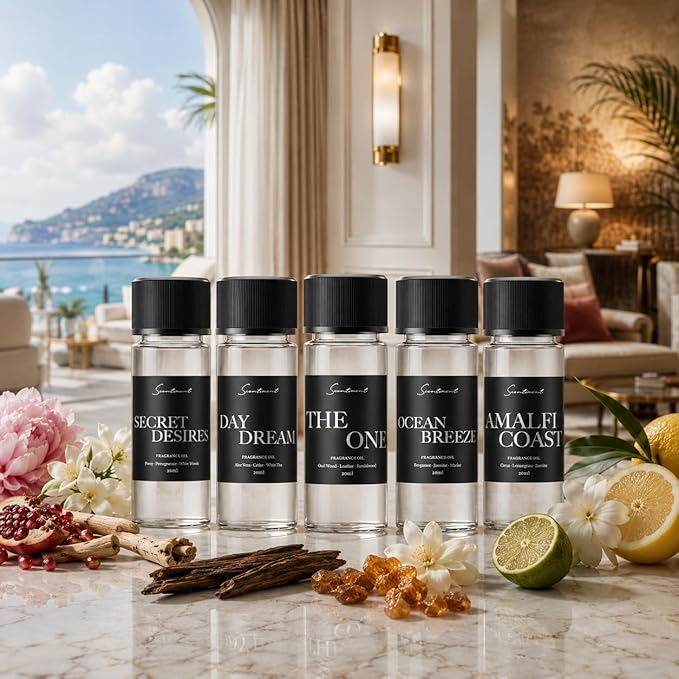 Scentiment Luxury Hotel Scents - 5 Diffuser Oil Set - 5 x 0.68 fl oz(20 mL) | Secret Desires, Day Dream, The One, Ocean Breeze & Amalfi Coast - Fresh Floral, Woody & Citrus Scents Home Fragrance Oils