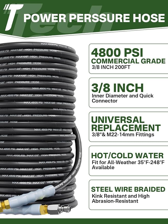 3/8" 4800PSI Pressure Washer Hose 25FT with Swivel Quick Connect for Cold/Hot Water Max 248°F, Kink Resistant Steel Wire Braided, Wear Resistant Power Washer Hose with M22 14mm Adapter