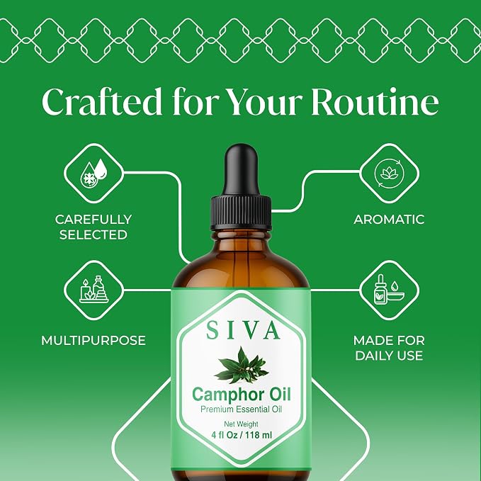 Siva Camphor Essential Oil, Glass Bottle with Dropper, 4 Fl Oz (118 ml) | Camphor Oil for Diffuser, Humidifier, Steam, Spray, Body Massage, Hair, Skin, Soap Making, Candle Making & DIY Blending