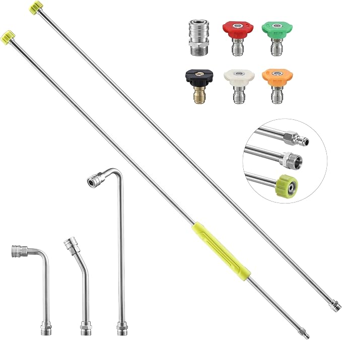FIXFANS Pressure Washer Extension Wand, 120" Power Washer wand Replacement | Stainless Steel Pressure Washer Lance with Gutter Cleaner Attachment 30°/90°/120° Curved Rods, 5 Nozzles, 1/4” Quick Connect