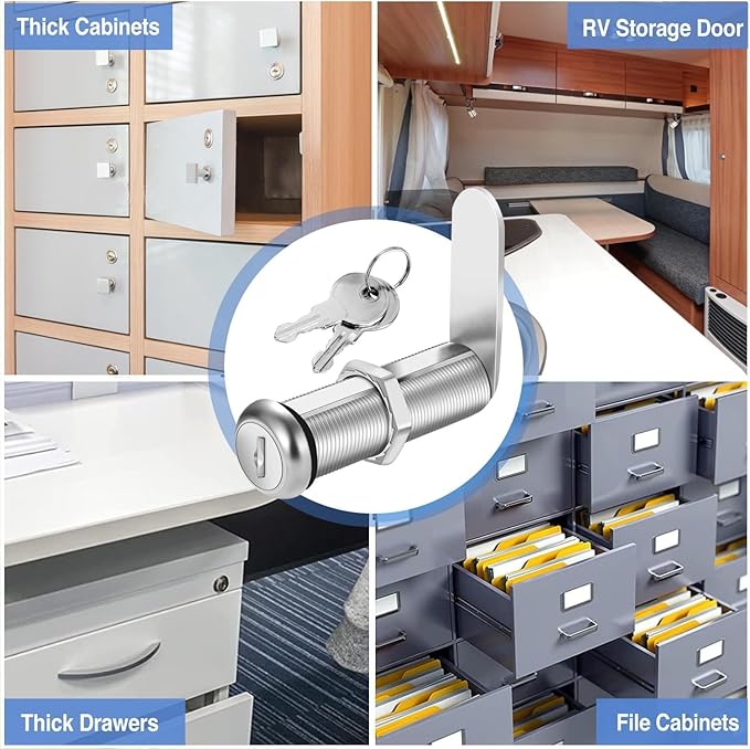 Cabinet Lock with Keys, 2" Extra-Long Cam Locks keyed Alike, Heavy Duty Cabinet Cam Lock Set for Thick Drawers RV Storage Locks Tool Box Lock Replacement, Zinc Alloy (5 Pack, 2-1/8 Inch)