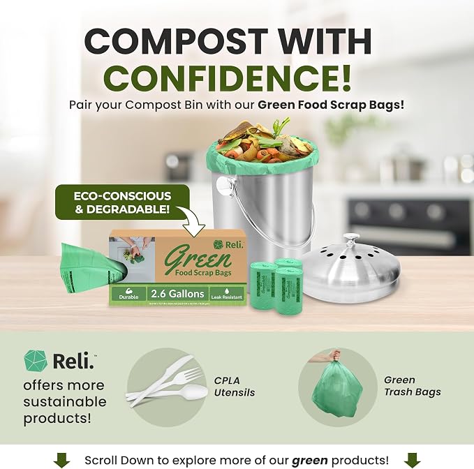 Reli. 1.3 Gallon Stainless Steel Compost Bin for Kitchen | Charcoal Filters | Silver, Indoor Composting Bin with Charcoal Filters | Odorless Food Waste Countertop Bucket