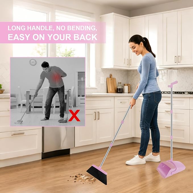 Broom and Dustpan Combo Set, 52" Long Handle with Squeegee & Mini Set | Pink Complete Cleaning Kit, Built-in Comb Dustpan, Floor Squeegee for Wet & Dry Messes, Mini Broom Set，for Home & Pet Areas