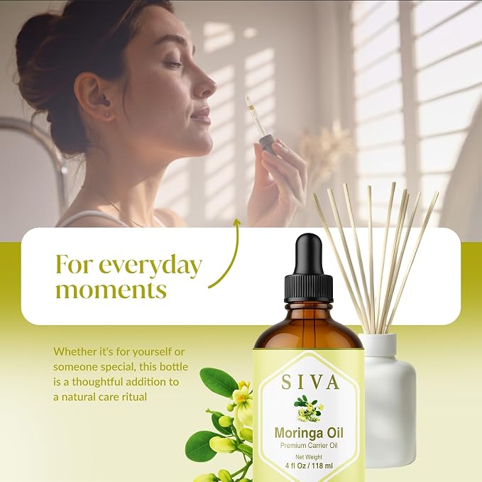 SIVA Moringa Carrier Oil, Glass Bottle with Dropper, 4 Fl Oz (118 ml) | Moringa Seed Oil for Face Care, Skin Care, Facial Oil, Hair Care, Scalp Massage, Body Massage, Dilution & DIY Beauty Blends