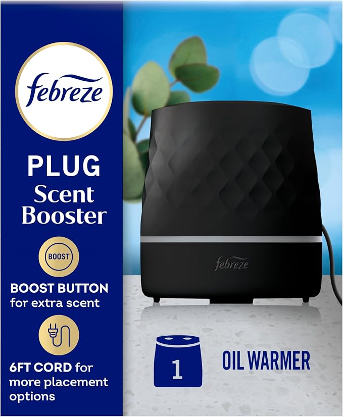 Febreze Plug in Scent Booster Air Freshener Oil Diffuser Black | Black Plug-in oil diffuser. Boosts scent for 40 mins. Long cord for flexible placement. Fits every home. Starter kit only.