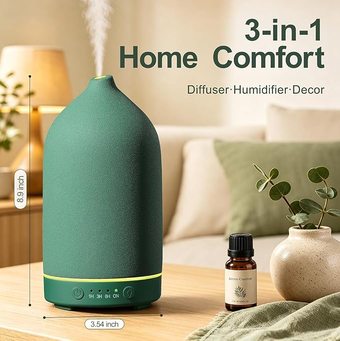 200ML Ceramic Essential Oil Diffuser for Home, Stone Diffuser | Ultrasonic Aromatherapy Diffuser & Air Humidifier for Bedroom, Office, Yoga, 7 LED Lights, Auto Shut-Off, 3 Timers, Green