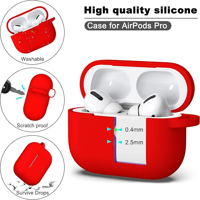 R-fun for AirPods Pro 2 Case, Soft Silicone Protective Cover with Keychain and Cleaning Pen, Compatible with AirPods Pro 2nd/1st Generation, Supports Wireless Charging, Red
