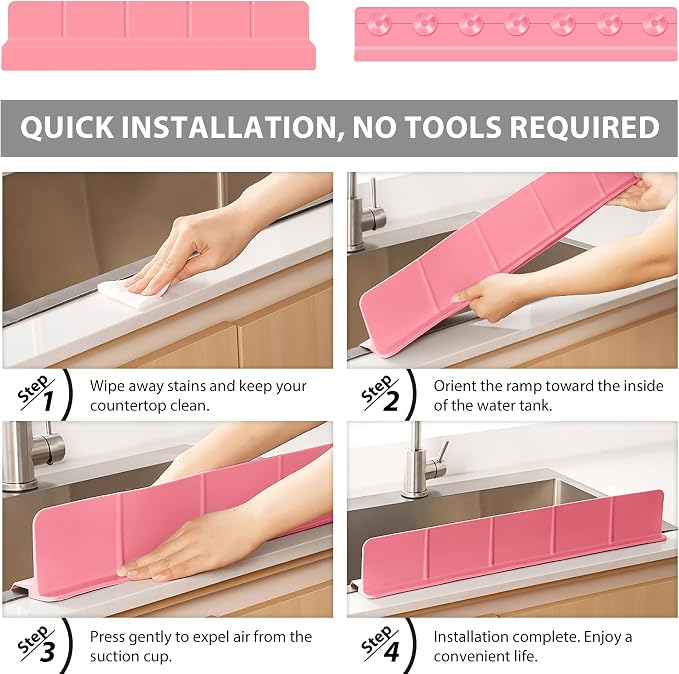 23Inch Sink Splash Guard – Extended Length & Tall Silicone Kitchen Sink Splash Guard with Overhang Drainage Design & Strong Suction Cups for Countertop (Rose Pink, 23''x3.5'')