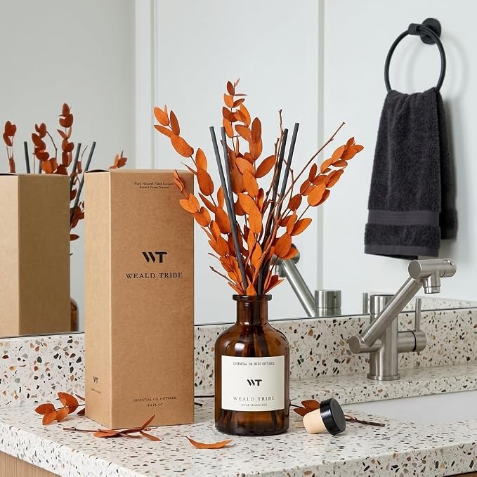 Reed Diffuser Set for Bathroom Air Fresheners, Oil Diffuser Sticks | Sandalwood & Ebony Scent 4.0 fl oz Home Fragrance with Sticks Defusers | House Bedroom Office Shelf Decor