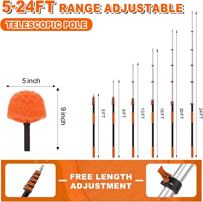 30FT Reach Cobweb Duster with Extension Pole, High Ceiling Long Duster with 5-24FT Telescoping Pole, Spider Web Brush for Indoor Outdoor Use
