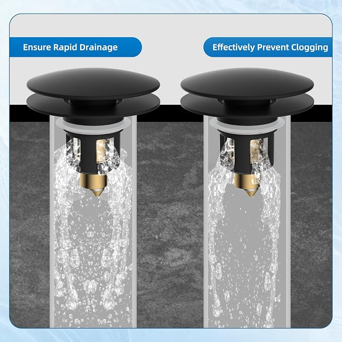 2 Pack Universal Metal Bathroom Sink Stopper, Hair Catcher Strainer, Black | Pop-Up Sink Drain Strainer with Detachable Filter, Drain Plug Fits 1.1"-2.36" US Basin, Large Cover Cap, Brass Bounce Core