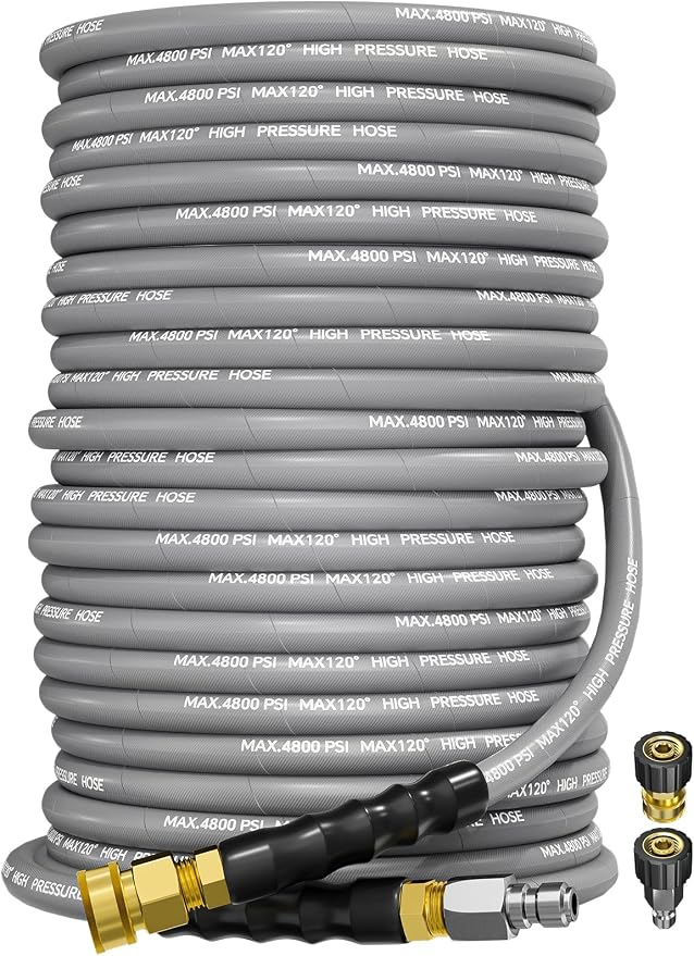 3/8" 4800PSI Pressure Washer Hose 150FT with Swivel Quick Connect for Cold/Hot Water Max 248°F, Kink Resistant Steel Wire Braided, Wear Resistant Power Washer Hose with M22 14mm Adapter