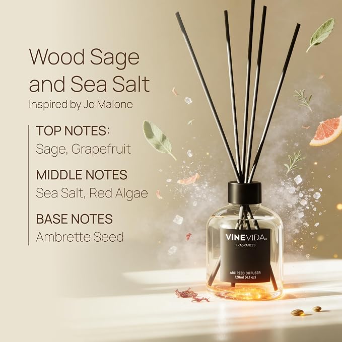 VINEVIDA Reed Diffuser Wood Sage & Sea Salt | Diffuser Reed for Home & Bathroom | Long-Lasting Scent Sticks Set | Oil Stick Diffuser | Bathroom Scent