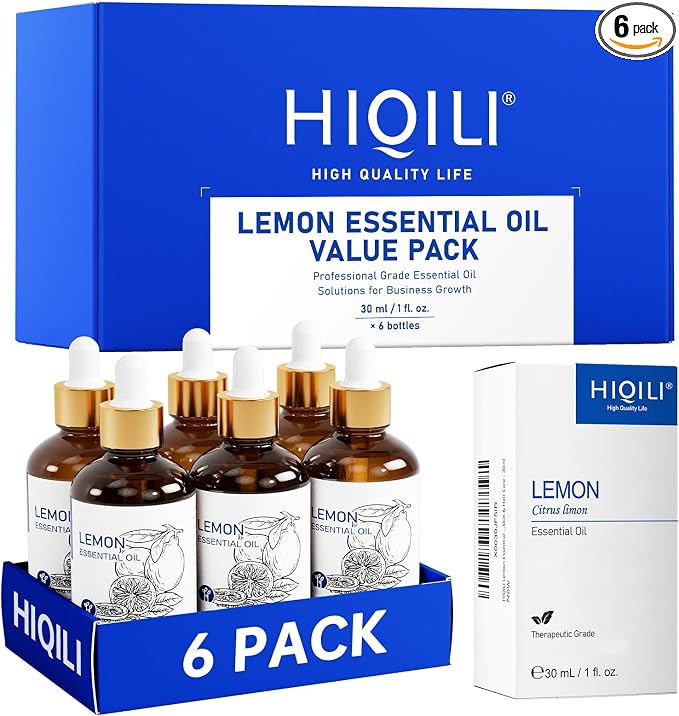 HIQILI Lemon Essential Oil Set for Business Purchase, Hotel, Home Use | Creates a Fresh and Clean Scent for Air Freshening, DIY Cleaning Spray, and Mood Lifting - 30mL / 1 fl oz (6 pack)