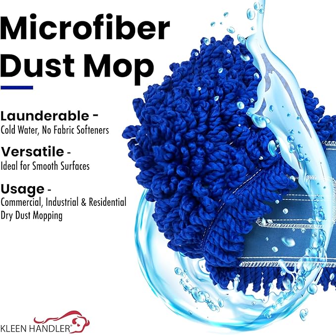 KLEEN HANDLER 3 Pack of 36 Inch Microfiber Dust Mop, Large Washable Commercial Mop Head Replacement, Sweeper, Janitorial Supplies, Blue