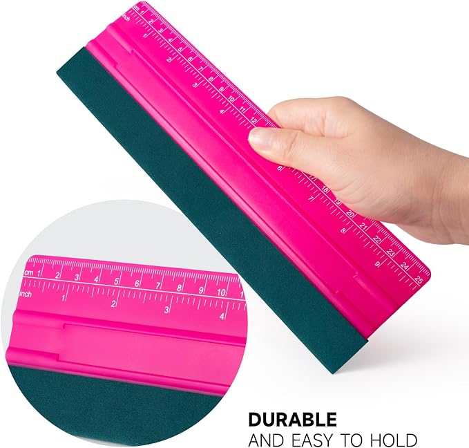 FOSHIO Professional Squeegee for Vinyl, Decals, Sticker Paper, Wallpaper, Window Film, Craft, Suede Felt Squeegee Smoothing Tool with Ruler, Pink (10 inches)