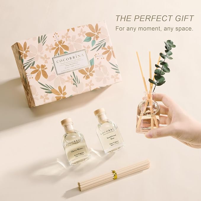 Reed Diffuser Set of 3 with Dried Eucalyptus for Home & Office | Sandalwood Rose/Cherry Blossom/Gardenia Scents, Aromatherapy Scented Oil Diffusers, 1.7 oz Each, Total 5.1 oz