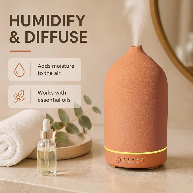 200ML Ceramic Essential Oil Diffuser for Home, Stone Diffuser | Ultrasonic Aromatherapy Diffuser & Air Humidifier for Bedroom, Office, Yoga, 7 LED Lights, Auto Shut-Off, 3 Timers, Brown