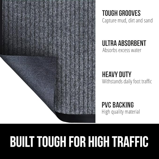 GORILLA GRIP Traffic Guard Door Mat, 47x35, Heavy Duty Welcome Mats, Commercial Office Space Doormat, Waterproof, Fade Resistant, Strong Rubber Backing, Low Profile, Shoe and Boot Scraper, Gray