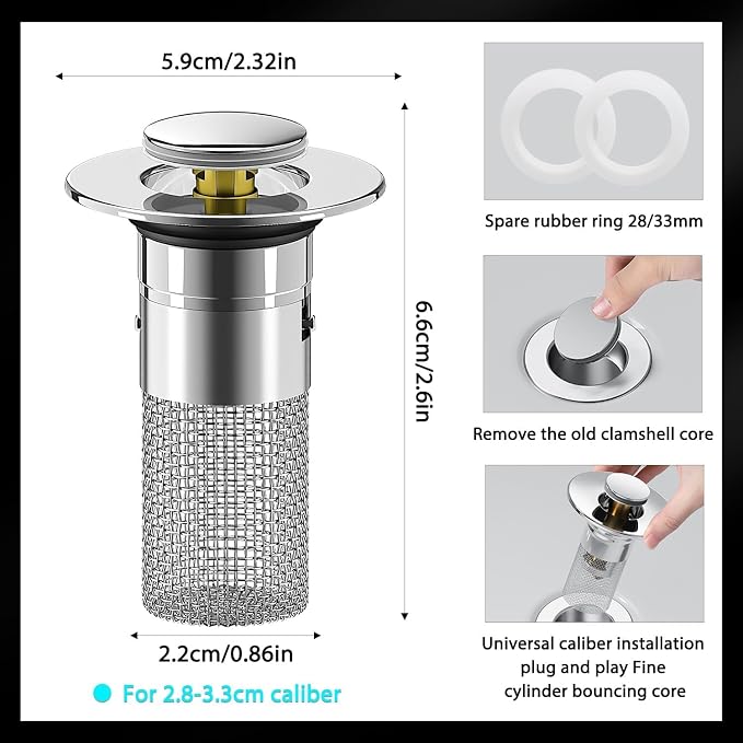 Bathroom Sink Stopper Hair Catcher, Pop Up Drain Plug with Strainer and Filter Basket, Universal Replacement Cover, 2 Pack