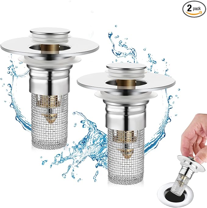 2 Pack Bathroom Sink Stopper for 1.06-1.50in, Universal Drain Filter with Hair Strainer, Universal Bathroom Sink Drain Pop Up Stopper for US Stainless Steel Floor Drain Filter