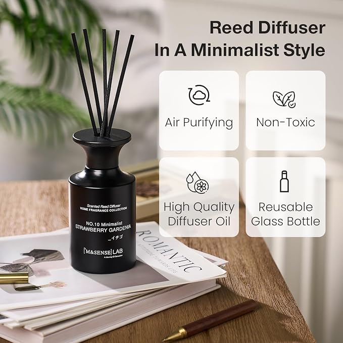 M&SENSE Minimalist Large Reed Diffuser 300ml, Strawberry Gardenia Scented with Natural Essential Oils, Long Lasting with 7 Sticks, Non-Toxic Home Fragrance for Bedroom, Bathroom Decor