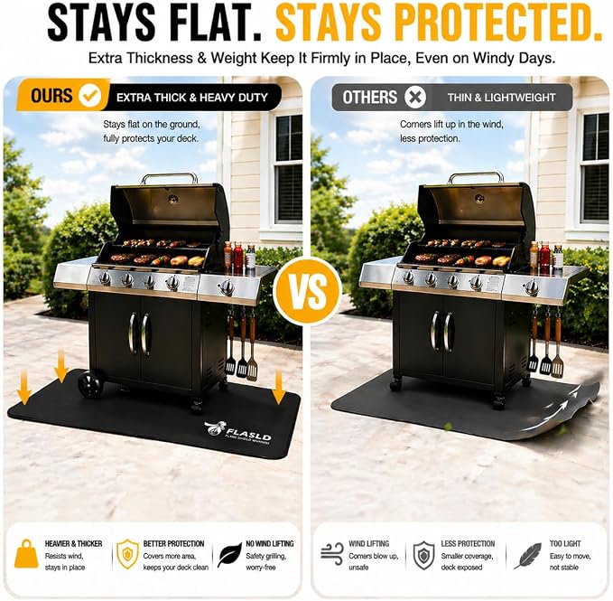 FLASLD Heavy-Duty Outdoor Under Grill BBQ Floor Mat 32 x 60 inches - Fireproof and Waterproof Protector for Decks & Patios, Reusable and Easy to Clean, Black
