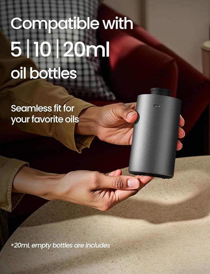 Waterless Essential Oil Diffuser, Rechargeable Car Scent Diffuser, Grey | Premium Aluminum Alloy Housing, Cordless, 3 Mist Levels, Timers, Portable Aromatherapy Diffuser for Home, Car & Office