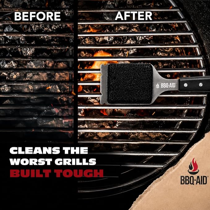 Bristle Free Grill Brush Cleaner and Scraper for Barbecue, Replaceable Head | Safe Bristle-Free Stainless Steel Scrub Pad with Heavy-Duty Scraper & Long Black Handle, Safe on Any Grill Grate