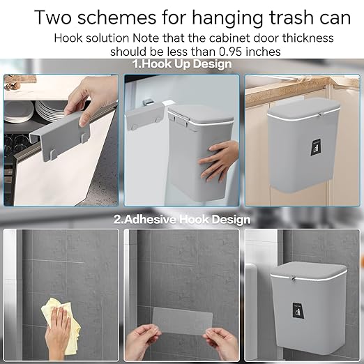 Compost Bin for Kitchen -2.4 Gallons/9L Trash Can for Under Sink,Hanging Small Trash Can with Lid for Bathroom/Bedroom, Indoor Compost Bucket (Grey)