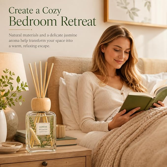 Jasmine Reed Diffuser, 3.4 Fl Oz | Floral Scent Fragrance Oil Lasts for 12 Weeks Air Fresheners for Bedroom, Bathroom, Living Room or Office; Gift-ready