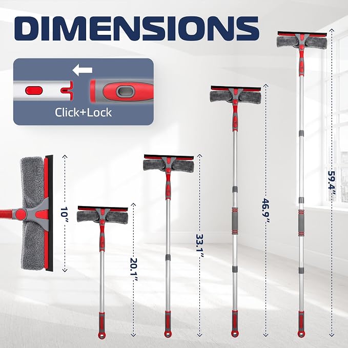2-in-1 Window Cleaning Squeegee Kit with 60’’ Extension Pole, Rotatable Bendable Head, Microfiber & Chenille Pads, Window Cleaner Tool for Indoor/Outdoor, High Windows, Shower and Car
