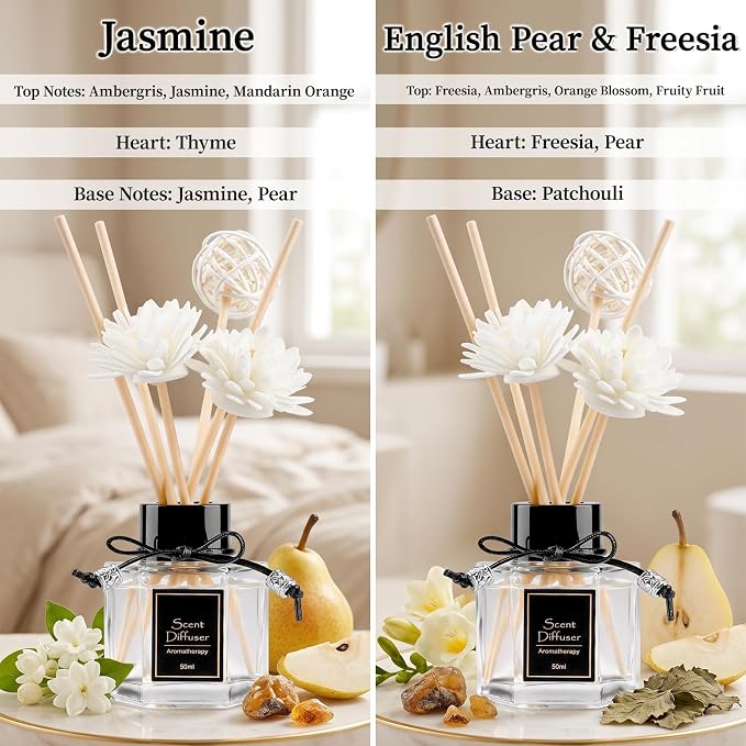 English Pear & Freesia + Jasmine Reed Diffuser Set of 2 for Bathroom, 1.7 fl oz Essential Oil Diffuser Sticks | Home Air Freshener Fragrance with 6 Reeds for Diffuser | Smell Good for Home Shelf Decor