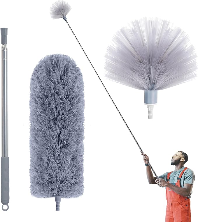 IVYROLL Cobweb Duster with Extension Pole | Spider Web Brush & Ceiling Cleaning Kit, 100" Microfiber Feather Duster Cleaner with Washable Head for Fan, Furniture, Home