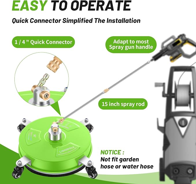 LidoDola 14'' Pressure Washer Surface Cleaner Green, Power Washer Accessory | Stainless Steel Housing with 4 Wheels, 1/4" QC, 2 Extension Wands & 2 Replacement Nozzles, for Gas & Electric Pressure Washer