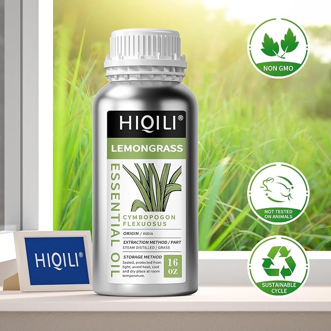 HIQILI Lemongrass Essential Oil for DIY Spray, Body Oil, Soap | Fresh Scent & Aromatherapy.Suitable for Hotel, DIY Studio, Beauty Salon, SPA, Sauna, Bath Center - 500mL / 16 fl oz